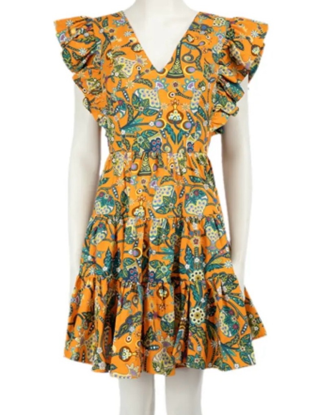LA DoubleJ Orange Floral Ruffle V-Neck Mini Dress